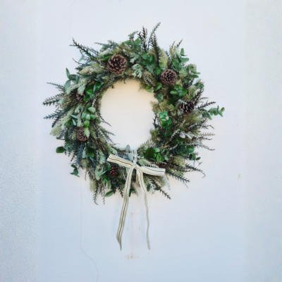 Adenanthos / pennygum / greyvillea / pine cone wreath